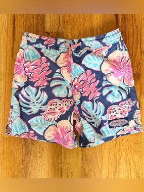 VINEYARD VINES Boys Blue & Pink Tropical Floral Palm Swim Trunks Size 5